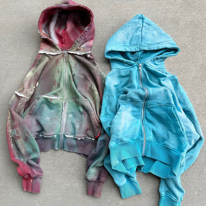 Sudadera con capucha con cremallera de algodón pesado 500 Gsm, diamantes de imitación personalizados, cuadrado, de gran tamaño, desgastado, Vintage Splash, primavera lavada - Product Image 4