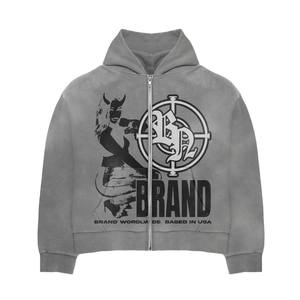 Ensemble deux pièces personnalisé délavé à l'acide sweat à capuche zippé vintage vert jambe droite pantalon de survêtement évasé imprimé survêtement de jogging hiver - Product Image 4