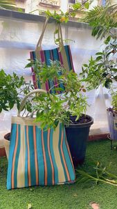 Bolsa de compras de nailon reutilizable ecológica RPET con cremallera a rayas Handloom tejido plástico reciclado bolsas de playa bolsas de cosméticos estuches hechos - Product Image 3