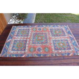 Alfombra Turca Vintage, Alfombra de Lana Roja y Azul de 3.6x5.8 pies, Estilo Suroeste - Product Image 3