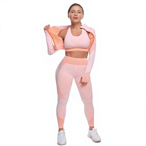 Conjunto de leggings de yoga para mujer, color rosa, acanalado, sin costuras, cintura alta, hasta la rodilla, con costuras en contraste, pantalones deportivos y top de sujetador a juego - Product Image 1