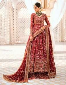 ชุดเจ้าสาว lehenga choli กับประดับลูกปัดแก้วคริสตัลและ dabka ทำงานวัสดุอะซิเตทสำหรับงานแต่งงาน - Product Image 4