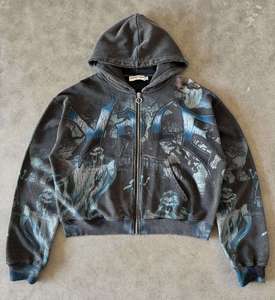 Veste zippée streetwear vintage à fleurs d'automne personnalisée, impression numérique, tissu molletonné français, délavage acide, effet usé, 100% coton - Product Image 3