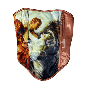 Corset amincissant de mode en satin bronze à imprimé ange, avec baleines en acier et coupe overbust |   Corset de luxe de créateur par Cosh International - Product Image 1