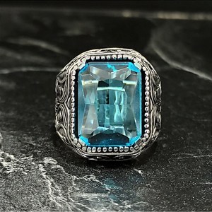 Anillo de Plata Hecho a Mano para Hombre con Piedra Preciosa de Aguamarina, Grabado Cuadrado, Estilo Floral, Chapado en Oro, Regalo Único para Él - Product Image 2