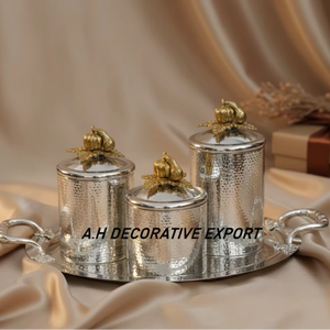Stainless Steel <b>Canister</b> & Tray | Silver Storage Jar with Gold Pumpkin Lid Eco-Friendly Europe Style for Home Kitchen Party Use - Product Image 3