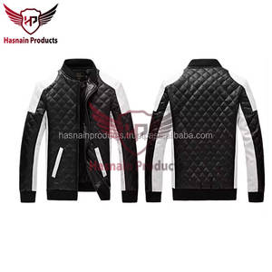 Blouson bombardier noir et blanc matelassé pour homme en cuir d'agneau pour moto-Vente en gros - Product Image 4