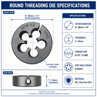 9 16 12 UNC High Speed Steel Round Split Adjustable Threading Die Alat Pemotong Ulir Sekrup Eksternal
