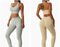 Pakaian Olahraga Wanita Gym Fitness Set 2 Potong Warna Solid Logo Depan Pinggang Elastis Pinggang Tinggi Bernapas Anti-Bakteri