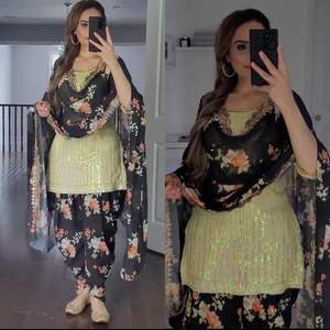 New Designer Party Wear Faux Georgette Heavy Sequence Embroidered Top and Digital Printed Dhoti Salwar With Dupatta Suit Set - Product Image 1