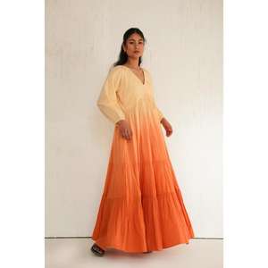 Robe maxi longue pour femme, dégradé orange, col en V, manches courtes, à volants, en coton, bohème, gothique, florale, été, évasée - Product Image 1