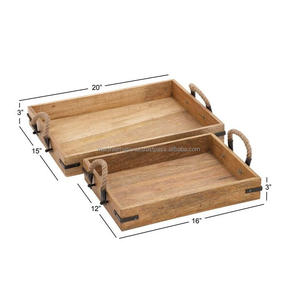 Ensemble de 2 plateaux en bois de mangue de ferme avec poignées, cadre en bois, plateau de rangement tissé, articles divers en bambou - Product Image 3
