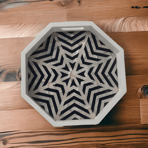 Plateau géométrique de Style Art moderne du milieu du siècle bois de manguier multifonctionnel avec incrustation blanche noire pour la décoration de Noël de jardin à la maison - Product Image 1