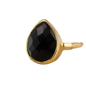 Onyx noir naturel forme larme à facettes pierre précieuse or poli 92.5 bague en argent sterling dernière conception simple - Product Image 1