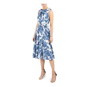 Vestido de Gala Donna Ricco Azul con Estampado Floral, Corte Evase, Cinturón, Talla 14, Formal, Largo hasta el Suelo, Corte en A, Cintura Natural, Transpirable - Product Image 3