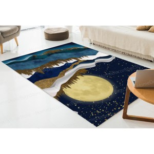Alfombra con Estampado de Estrellas Doradas: Diseño Moderno de Paisaje de Montaña Abstracto, con Pelo Suave - Product Image 5