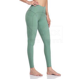 Leggings de Yoga de Cintura Alta y Largo Completo, Color Verde Sólido, Spandex y Nailon, Pantalones Elásticos con Bolsillos, Diseño con Costuras en Contraste - Product Image 1