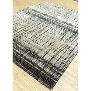 Tapis noué à la main en laine et soie de bambou à motifs abstraits Uvenuti gris et noir - pour usage domestique (1538) - Product Image 2
