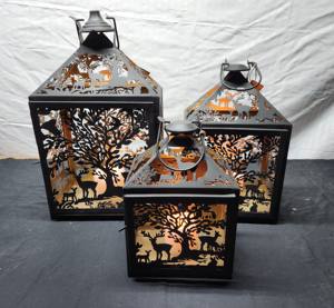 Lanterne rectangulaire en métal avec cerf et étoiles gravure 3 tailles décoration de maison de Noël enduit de poudre noir/or - Product Image 2