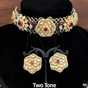 Fancy Design Kundan <b>Jewellery</b> Two Tone Plated Designer Party Wear Necklace Set - Product Image 1
