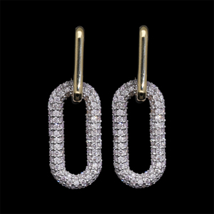 Pendientes de aro de diamantes de oro blanco de 14 quilates para mujer Diseño de gota de eslabones ovalados con diamantes de corte redondo en Configuración de pavé - Product Image 2