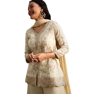 Ensemble Kurta Palazzo en tissu beige avec paillettes et Resham Work Vente en gros Vêtements ethniques pour femmes OEM Vêtements Fournisseur d'usine Tenue - Product Image 3