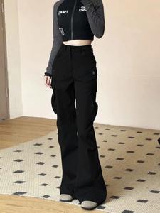 Pantalon cargo rétro pour femmes grandes poches taille élastique cordon jambe large-couleur unie Streetwear simple pour les étudiants - Product Image 5