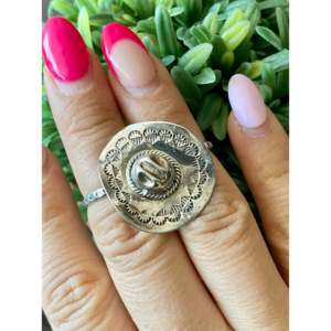 Ben Livingston <b>Adjustable</b> Sterling Silver Cowboy Hat <b>Ring</b> Trendy Geometric Alloy Inlay with Oval Cut Diamond Size 6.25-6.75 Gift - Product Image 2