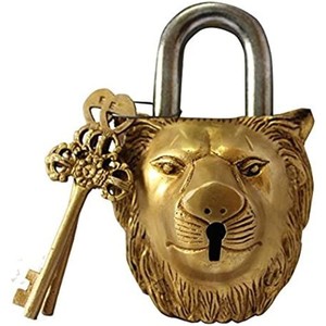 Brass <b>Padlock</b> Lock with Keys Working Functional Brass Made Lion Head Golden Finish - Product Image 1