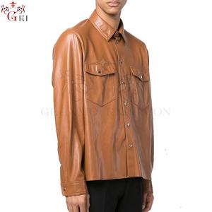 Moda piel de vaca ropa barata solapa hombres negro ocio cuero genuino camisa 100% cuero de vaca camisas - Product Image 4