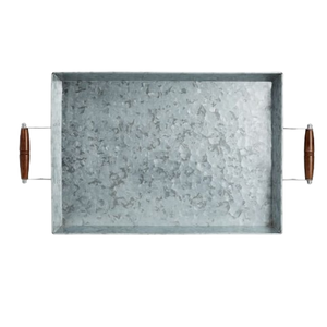 Meilleure vente de plateau fini galvanisé avec manche en bois plateau en métal de forme arrondie personnalisé plateau de service galvanisé - Product Image 6