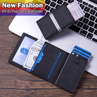 Dompet tempat kartu pria, dompet Ultra tipis, kulit Mini, tempat kartu Pop up, pengeluaran otomatis dengan klip uang tunai