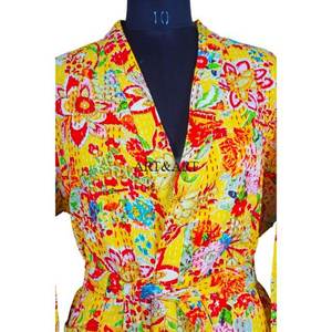 Vintage Cotton Kantha Kimono <b>Women's</b> Cut Work Beach Cover Robe Bikini Sleepwear Floral Design Home Summer Autumn Thermal - Product Image 4