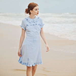 chinese dress ladies Backless Blue Printed Linen Short Dress| Western Era main image 1
