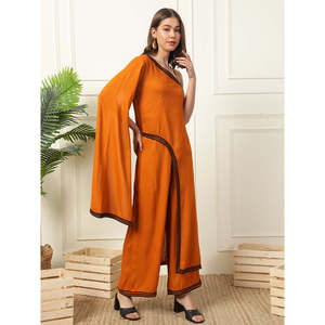 DEEBACO Conjunto de túnica de rayón liso hasta el tobillo con pantalón palazzo para mujer, mono largo de moda, vestido estilo occidental para mujer - Product Image 6