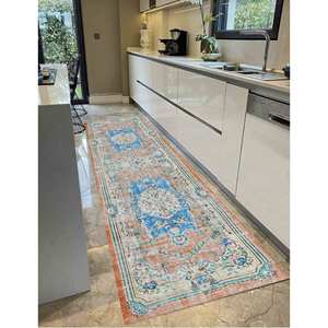 Tapis à motifs bleus et oranges : Tapis antidérapant de style Oushak, tapis en chenille - Product Image 5