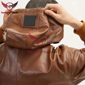 Mens Real Brown Leather Hooded <b>Jacket</b> Drawstring Hood Zip Pockets <b>Sheepskin</b> Cognac Bomber Coat Custom Casual Winter Outerwear - Product Image 2