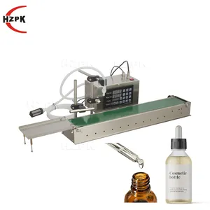 HZPK台式数字控制电动小体积塑料瓶水化妆品液体油灌装机带输送机自动