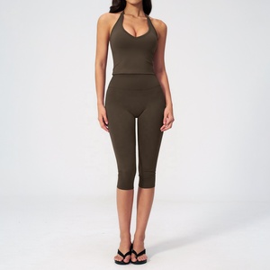 Custom Olive Green 2 Piece 2026 Yoga Set Halter <b>Crop</b> <b>Top</b> High Waist Knee Length Leggings Seamless Solid Color Activewear - Product Image 1