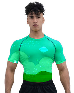 เสื้อออกกำลังกายรัดรูปแขนครึ่งข้างของผู้ชายรัดรูปผ้าสแปนเด็กซ์เข้ารูปแบบเรียบๆสำหรับ BJJ MMA - Product Image 1