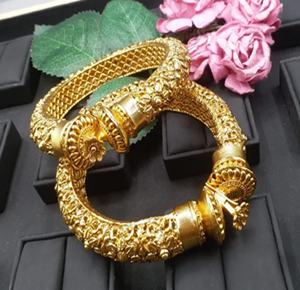 Brass <b>bangles</b> Kada pair heavy <b>antique</b> <b>gold</b> finish intricate floral carving traditional wedding available at wholesale prices. - Product Image 1