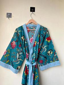 Robe kimono en coton, imprimé floral bohème, vêtement de nuit d'été, robe en coton pur, col en V, longueur genou, robe de demoiselle d'honneur écologique, kimono - Product Image 3