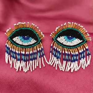 Hastvikas Handmade Beads Jewellery-Multicolor Evil Eye Drop <b>Earrings</b> with <b>Tassel</b> Fringe for Parties - Product Image 1