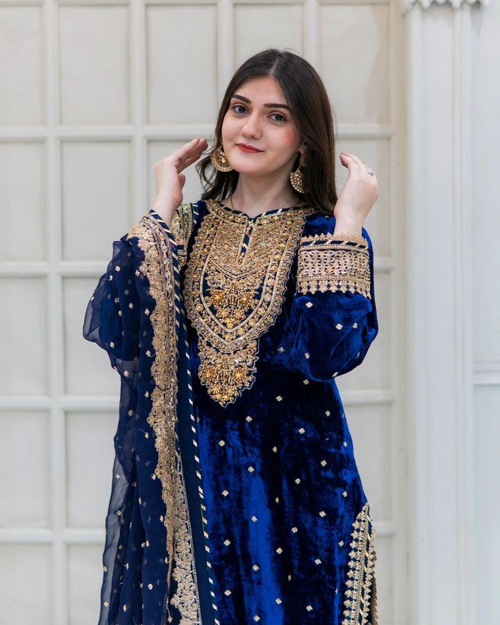 Order Online Blue Velvet Salwar Kameez Elegant Embroidery Work | Alibaba.com