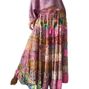 Mixed-Patchwork <b>Maxi</b> Satin <b>Skirt</b> Pockets One Size 100% Silk Casual Vintage Wrap Style Knitted Fit Silhouette Logo Waisted Long - Product Image 2