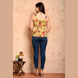 Top de lino con estampado de pájaros amarillos para mujer, talla XL, cuello con volantes, estilo occidental BoHo, estampado de animales a rayas, Top fruncido suelto de primavera - Product Image 4