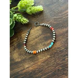 Navajo Strung Bohemian Style Multi-Stone & Sterling Silver <b>Beaded</b> <b>Bracelet</b> with Machine Made Pearl - Product Image 4