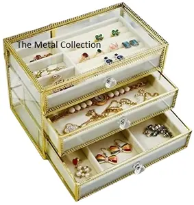 Klasik mücevher kutusu çekmece tepsisi camekanlı dolap yüzük lüks takı tutucu kutuları pirinç ve cam mücevher saklama kutusu hediye ve el sanatları