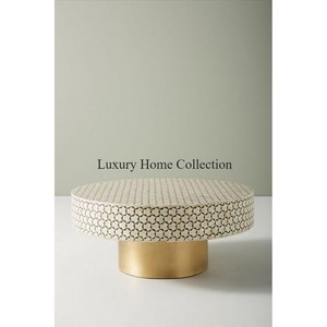 <b>Gold</b> Color <b>Metallic</b> Fancy Designer Handmade Coffee Table and Center Table With Custom Mosaic Design <b>Top</b> Round Shape Luxurious - Product Image 2