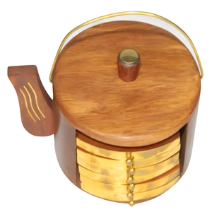 <b>Teapot</b> Shaped Wooden Coaster <b>Set</b> with Lid and Brass Inlay for Tea Coffee Table Decor or Gifting Ideal for Home or Office Use - Product Image 1